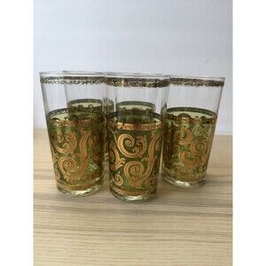 MCM Set 5 Culver 'Toledo' Green Gold Scroll Highball Glasses Tumblers 5.5h